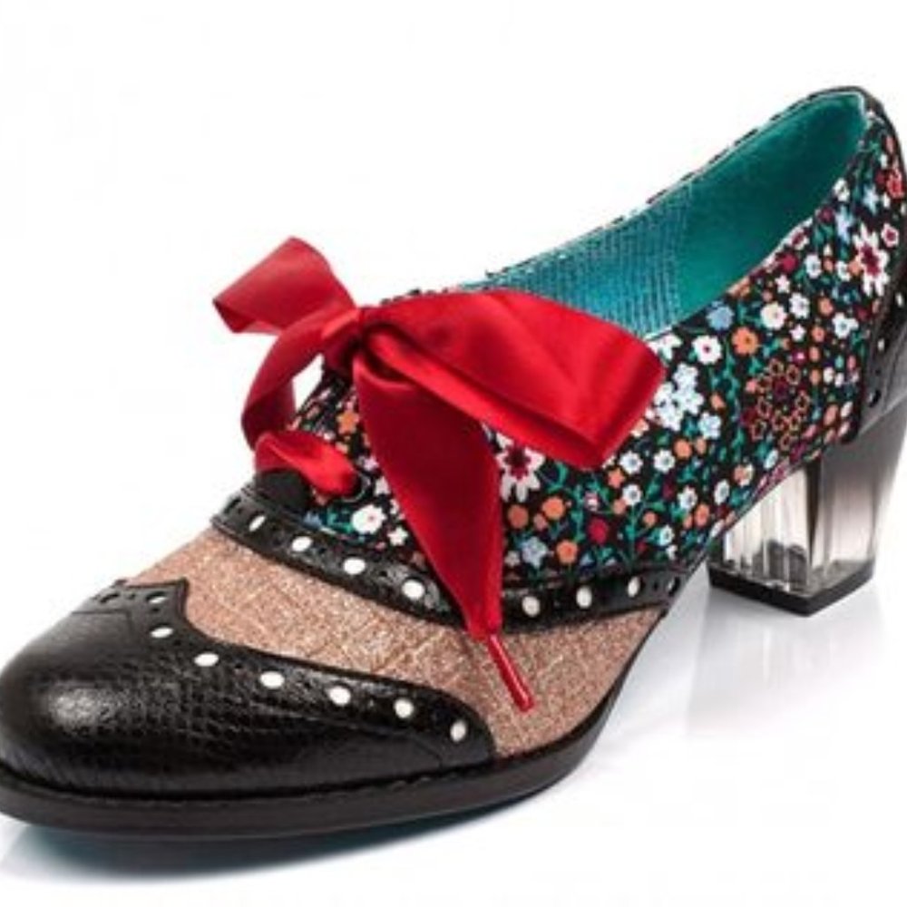 Poetic License Corporate Beauty Black Gold Floral Mid Heel Brogue Shoes | 6.5